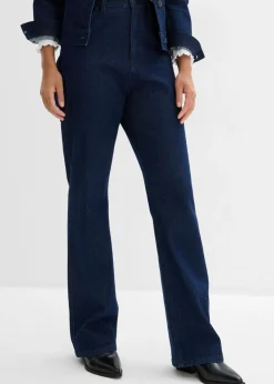 Mujer bonprix bonprix Vaqueros rectos de talle medio con corte holgado, cinturilla elástica y piedras brillantes