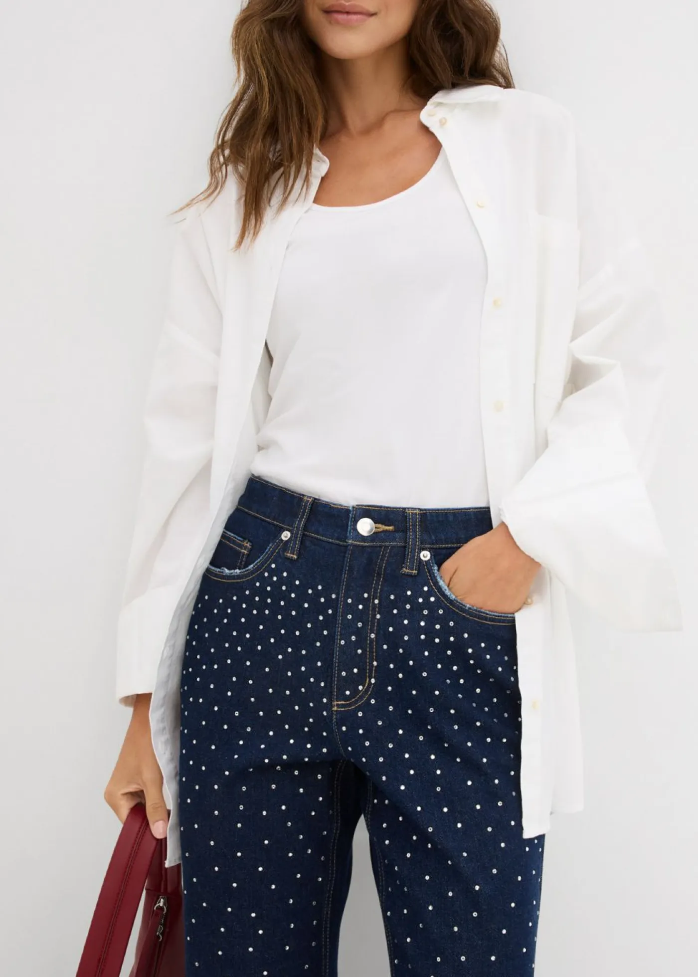 Mujer bonprix bonprix Vaqueros straight, mid waist, con piedras brillantes