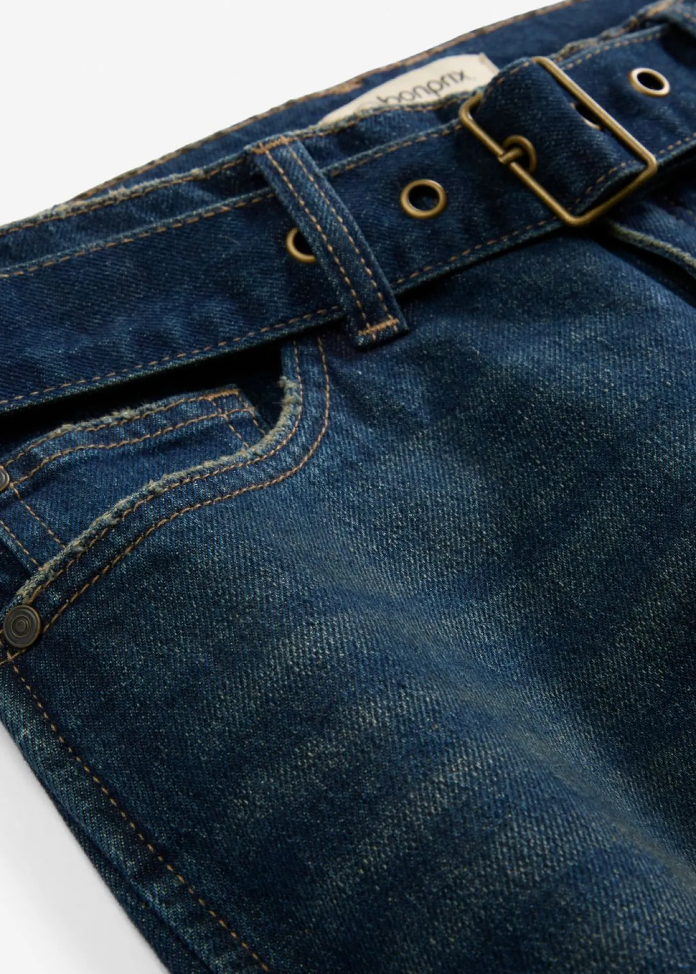 bonprix bonprix Vaqueros>Vaqueros tipo barrel de talle medio con cinturón Denim oscuro desgastado