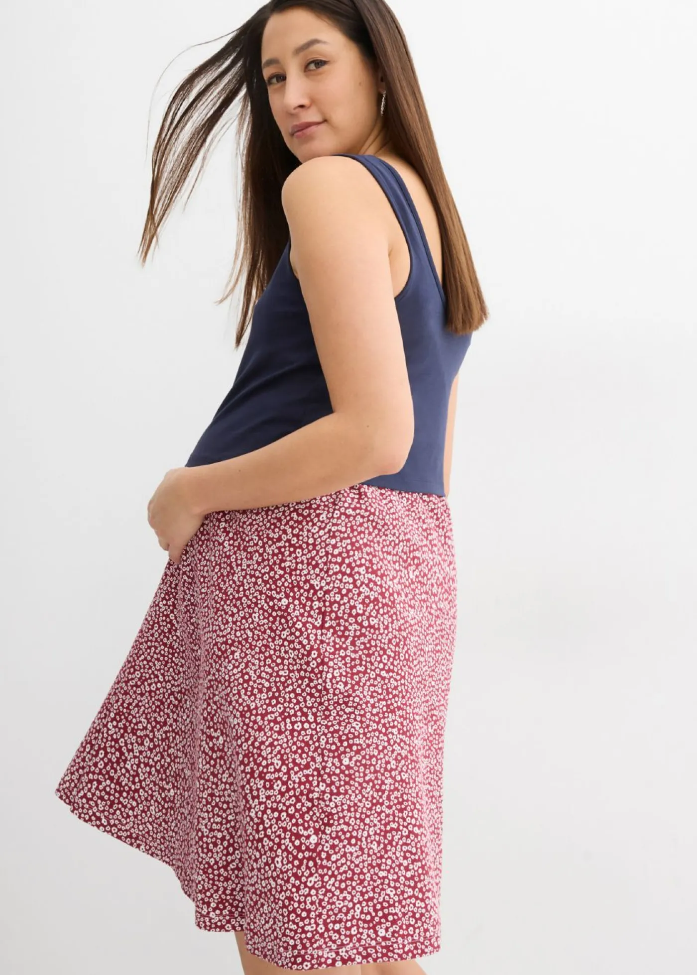 bonprix bonprix Premamá>Vestido 2 en 1premamá y de lactancia de punto de algodón orgánico azul marino-blanco-marrón rojizo con flores