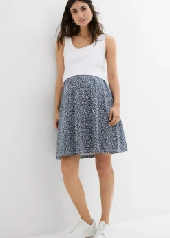 bonprix bonprix Premamá>Vestido 2 en 1premamá y de lactancia de punto de algodón orgánico blanco lana-azul marino con flores