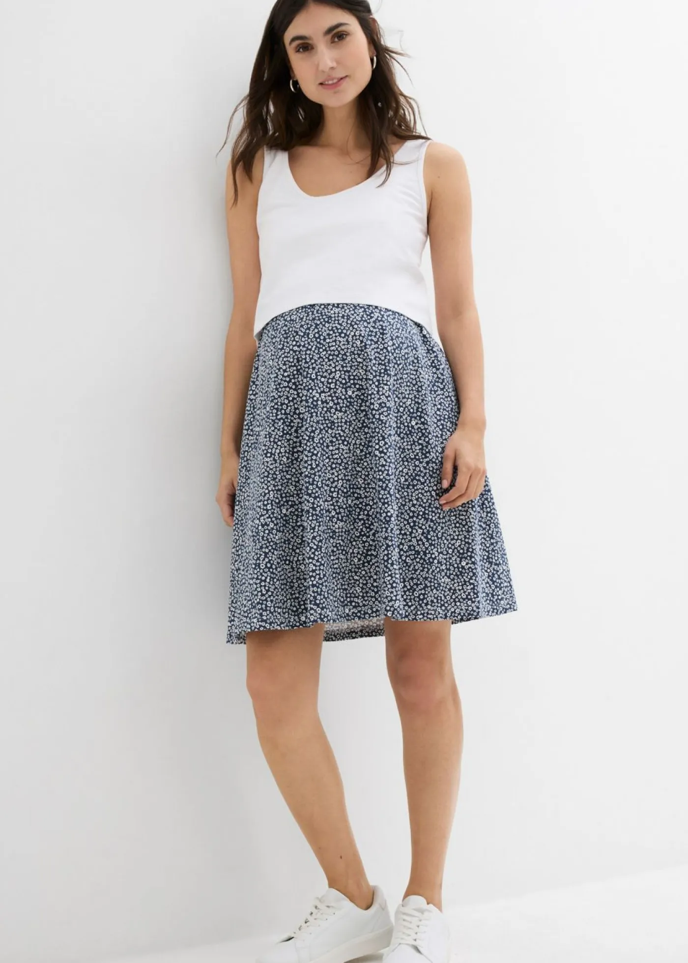 bonprix bonprix Premamá>Vestido 2 en 1premamá y de lactancia de punto de algodón orgánico blanco lana-azul marino con flores