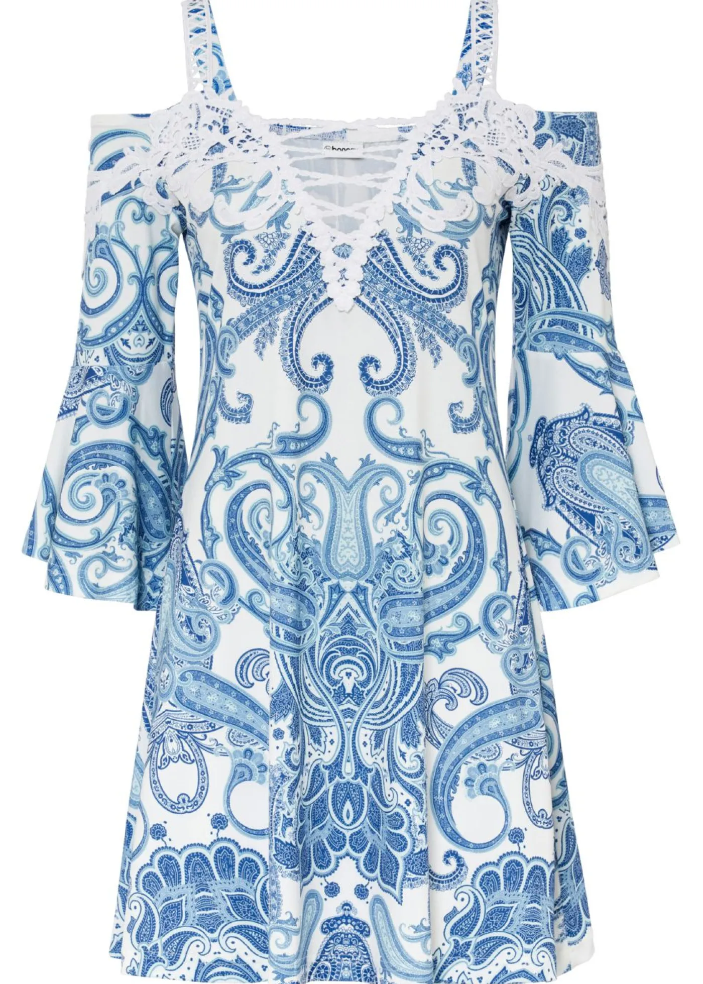 bonprix bonprix Vestidos|Novedades>Vestido acampanado con escote bañera Azul con patrón Paisley