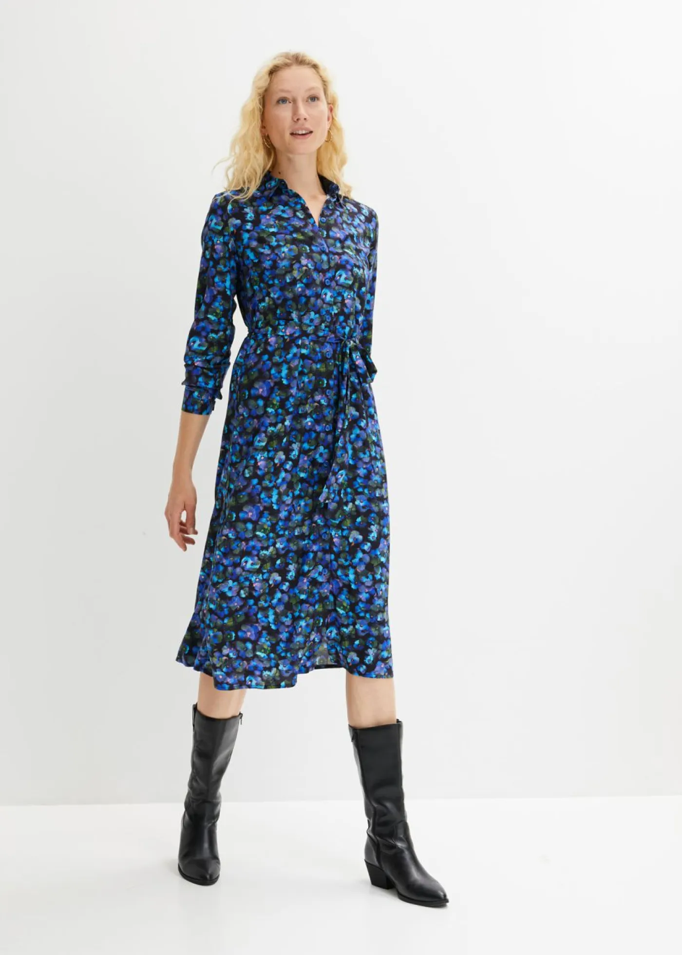 bonprix bonprix Vestidos>Vestido camisero verde oliva dorado/azul mar con flores