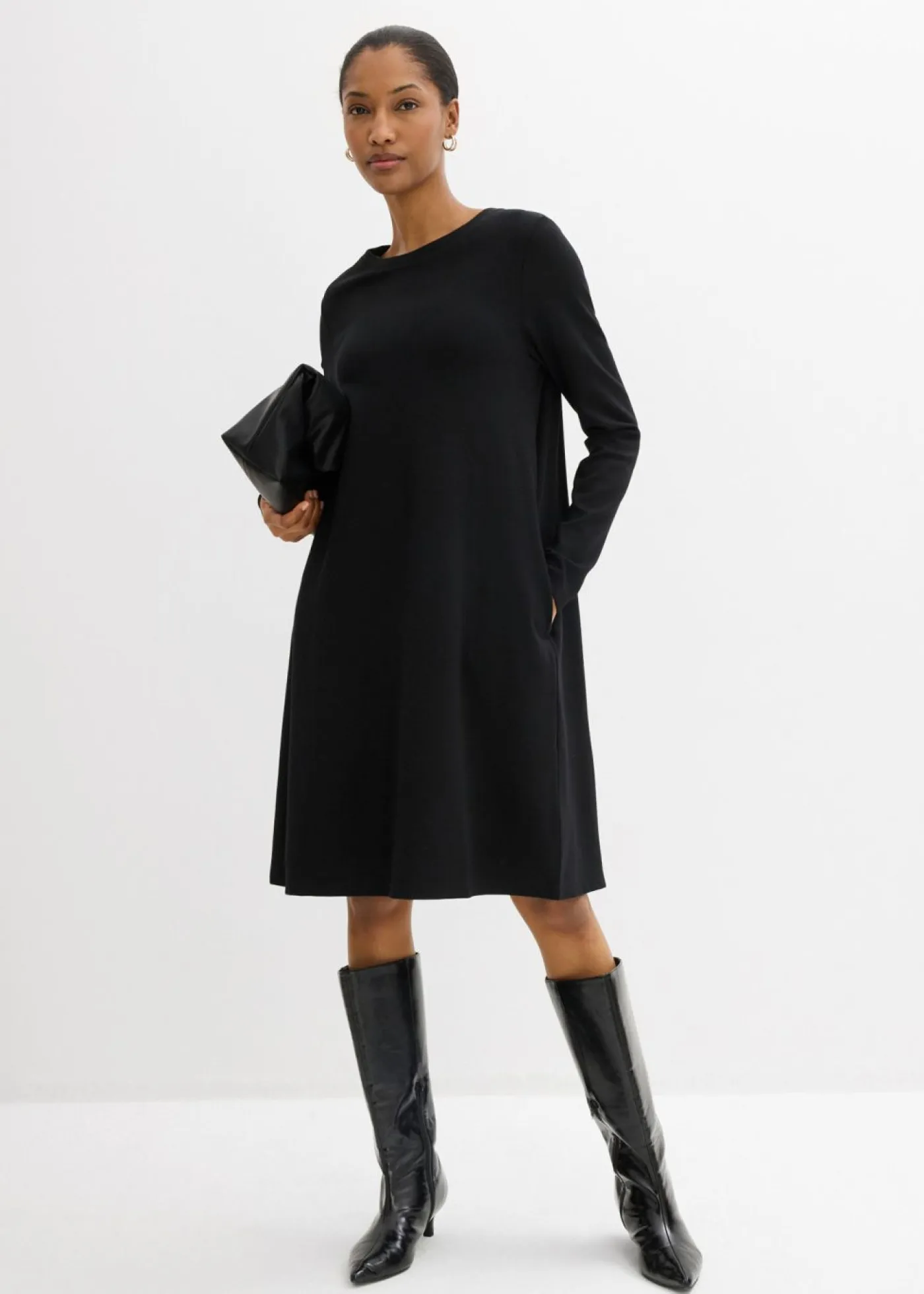 bonprix bonprix Esenciales|Vestidos>Vestido camisero con corte en A en mezcla de viscosa Negro