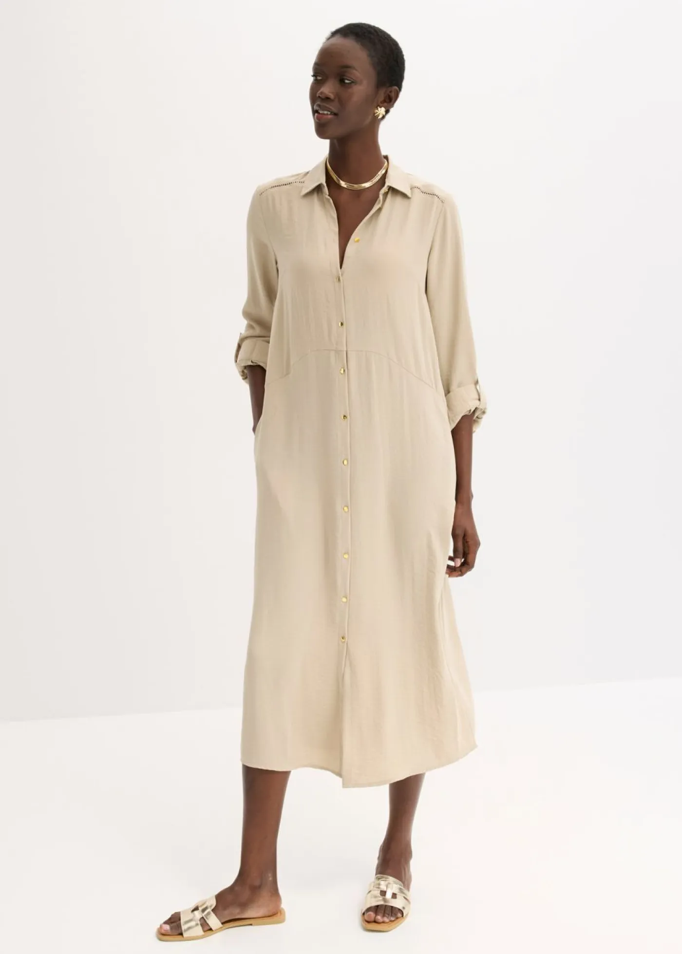 bonprix bonprix Vestidos>Vestido camisero con encaje en escalera Arena