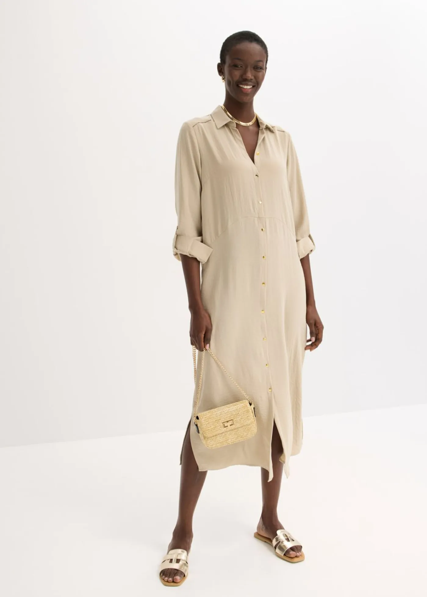 bonprix bonprix Vestidos>Vestido camisero con encaje en escalera Arena