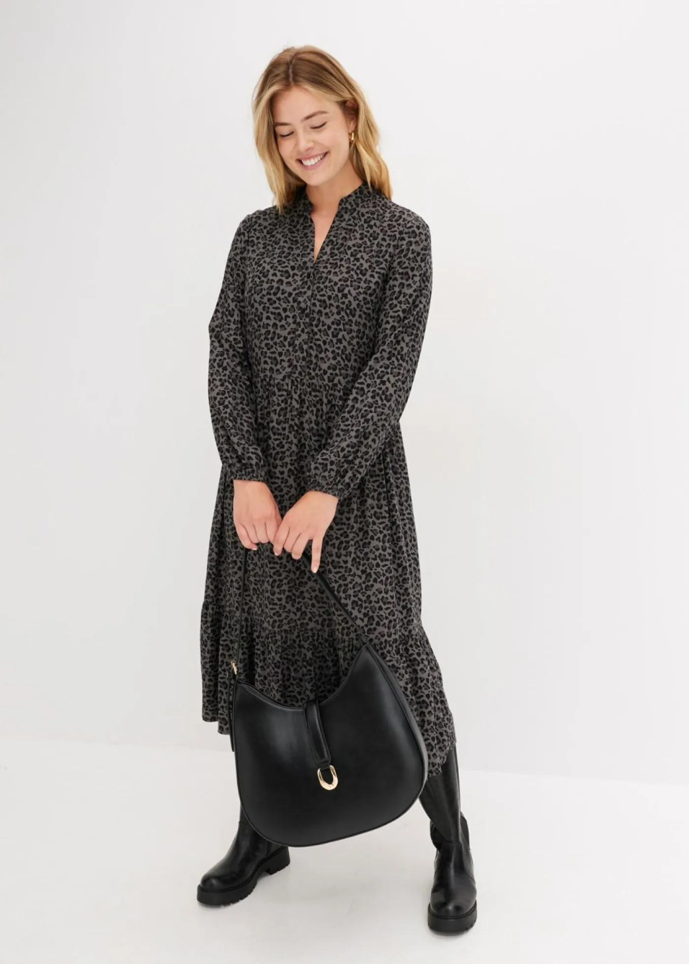 bonprix bonprix Vestidos>Vestido camisero con estampado de leopardo estampado leo gris ahumado/pizarra/negro