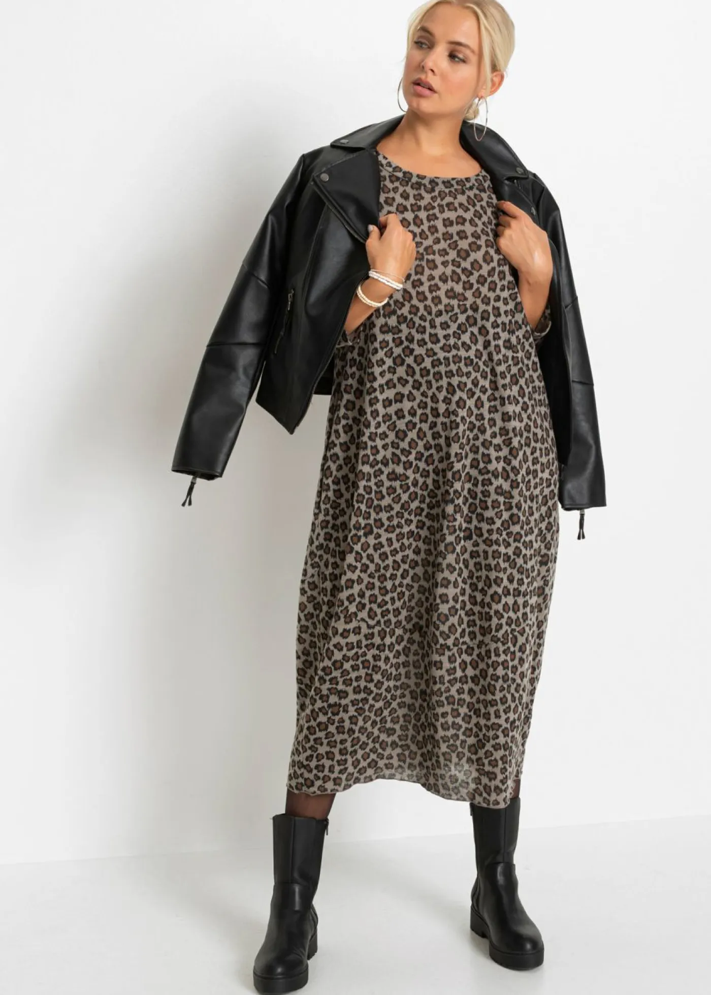 bonprix bonprix Vestidos>Vestido camisero con forma de globo piel de leopardo marrón