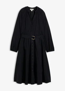 bonprix bonprix Premium|Vestidos>Vestido camisero con parte de seda y cinturón Negro