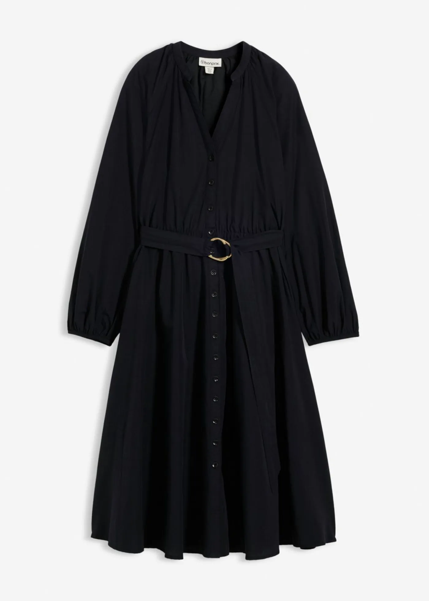 bonprix bonprix Premium|Vestidos>Vestido camisero con parte de seda y cinturón Negro