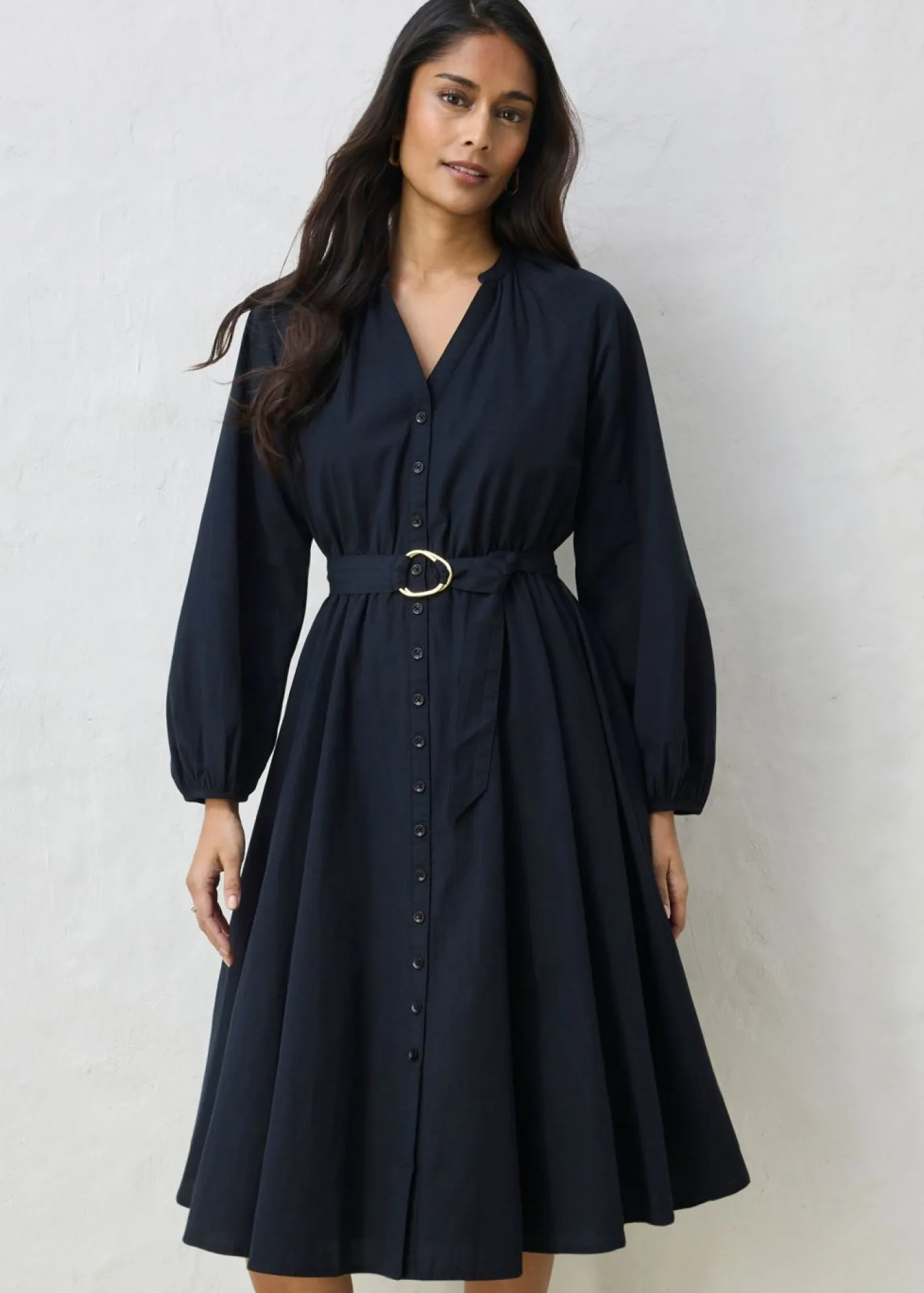 bonprix bonprix Premium|Vestidos>Vestido camisero con parte de seda y cinturón Negro