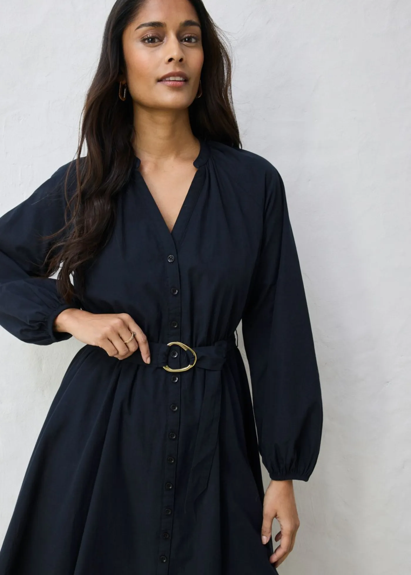 bonprix bonprix Premium|Vestidos>Vestido camisero con parte de seda y cinturón Negro