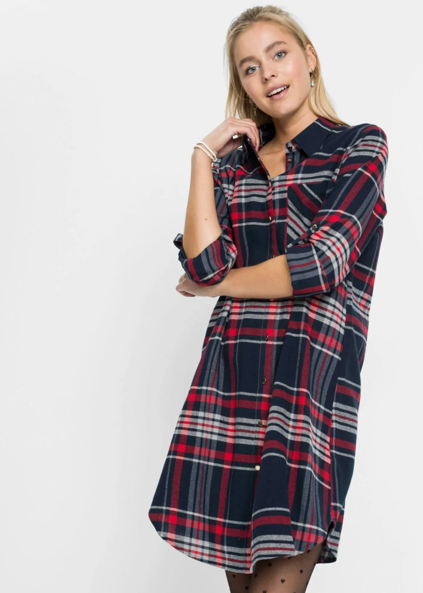 bonprix bonprix Vestidos>Vestido camisero de algodón puro azul marino / rojo / blanco a cuadros