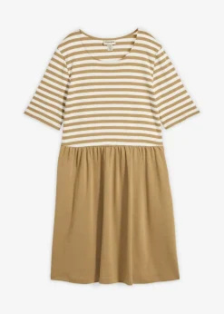 bonprix bonprix Vestidos|Novedades>Vestido camisero de algodón puro oliva pálido-blanco lana con rayas