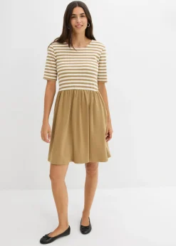 bonprix bonprix Vestidos|Novedades>Vestido camisero de algodón puro oliva pálido-blanco lana con rayas