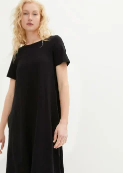 bonprix bonprix Vestidos>Vestido camisero de hilo flameado con bolsillos de algodón, hasta la rodilla Negro
