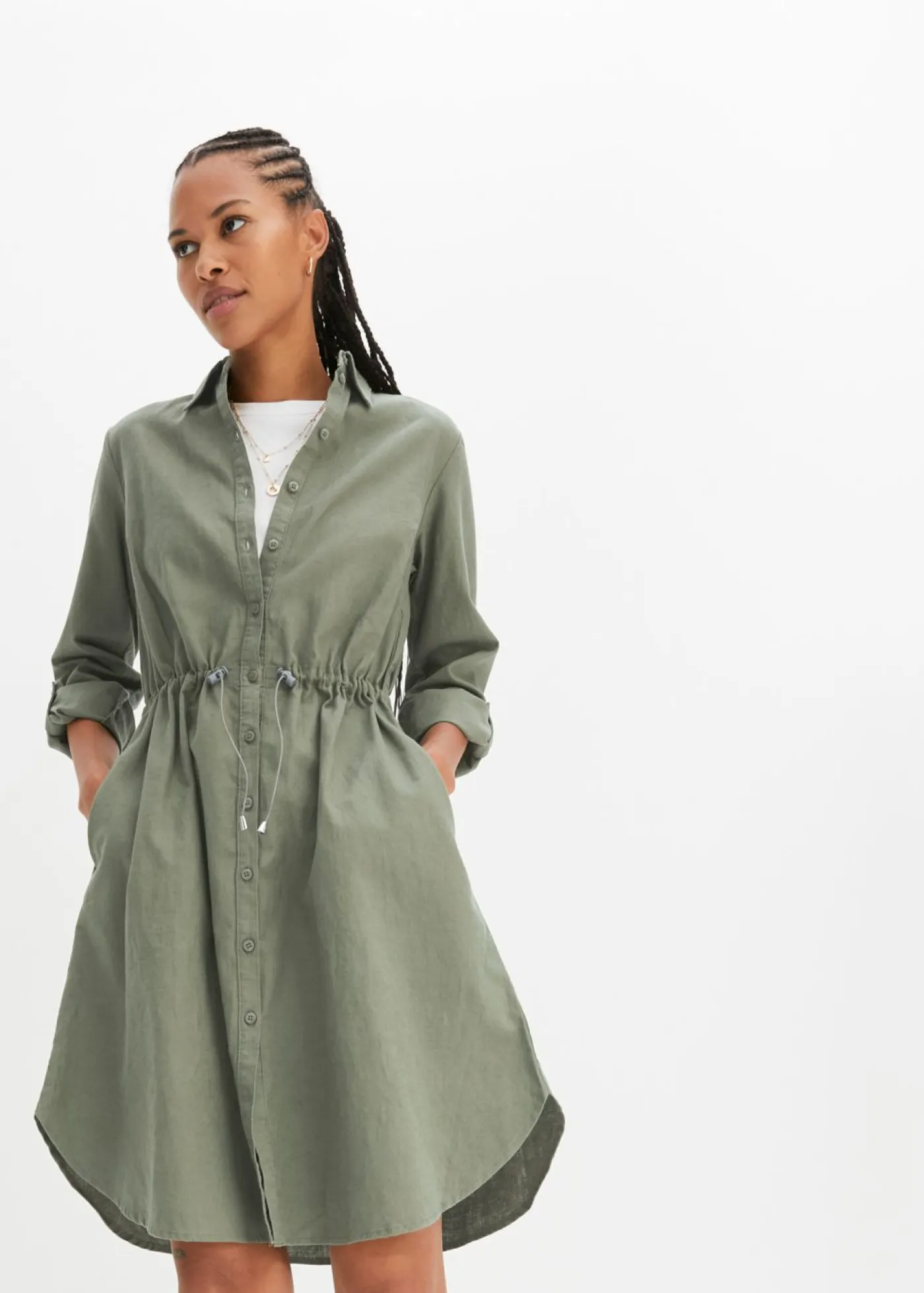 bonprix bonprix Vestidos|Novedades>Vestido camisero de mezcla de lino y algodón Verde oliva