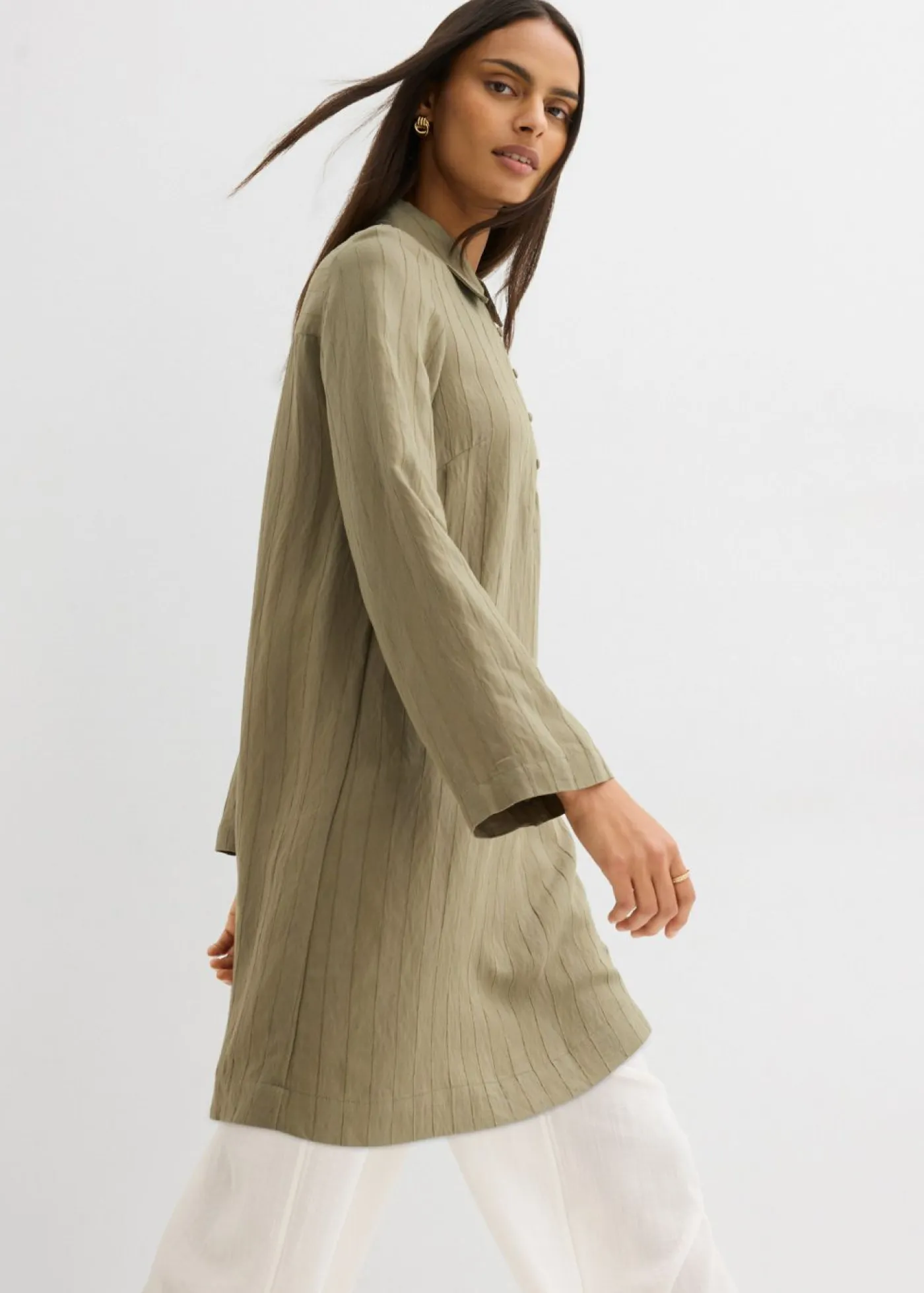 bonprix bonprix Esenciales|Vestidos>Vestido camisero de mezcla de viscosa Verde oliva