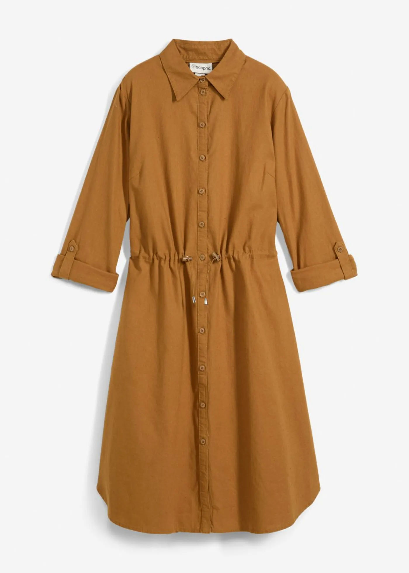 bonprix bonprix Vestidos|Novedades>Vestido camisero de mezcla de lino y algodón Marrón coñac