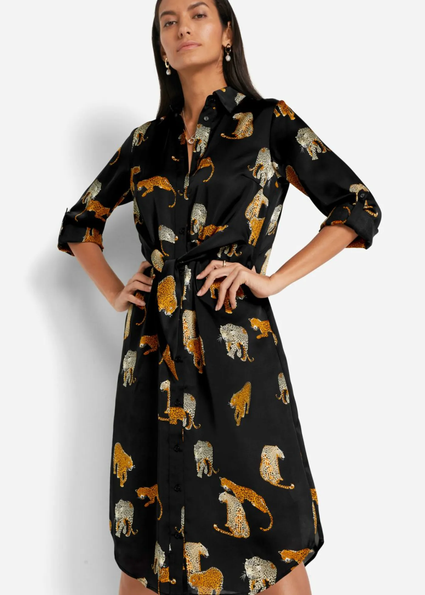 bonprix bonprix Vestidos>Vestido camisero de satén Estampado de leopardo en negro