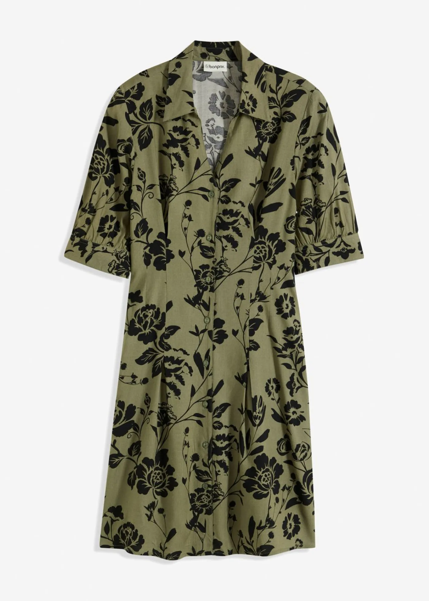 bonprix bonprix Tallas Pequeñas>Vestido camisero de viscosa fluida verde oliva/negro con flores