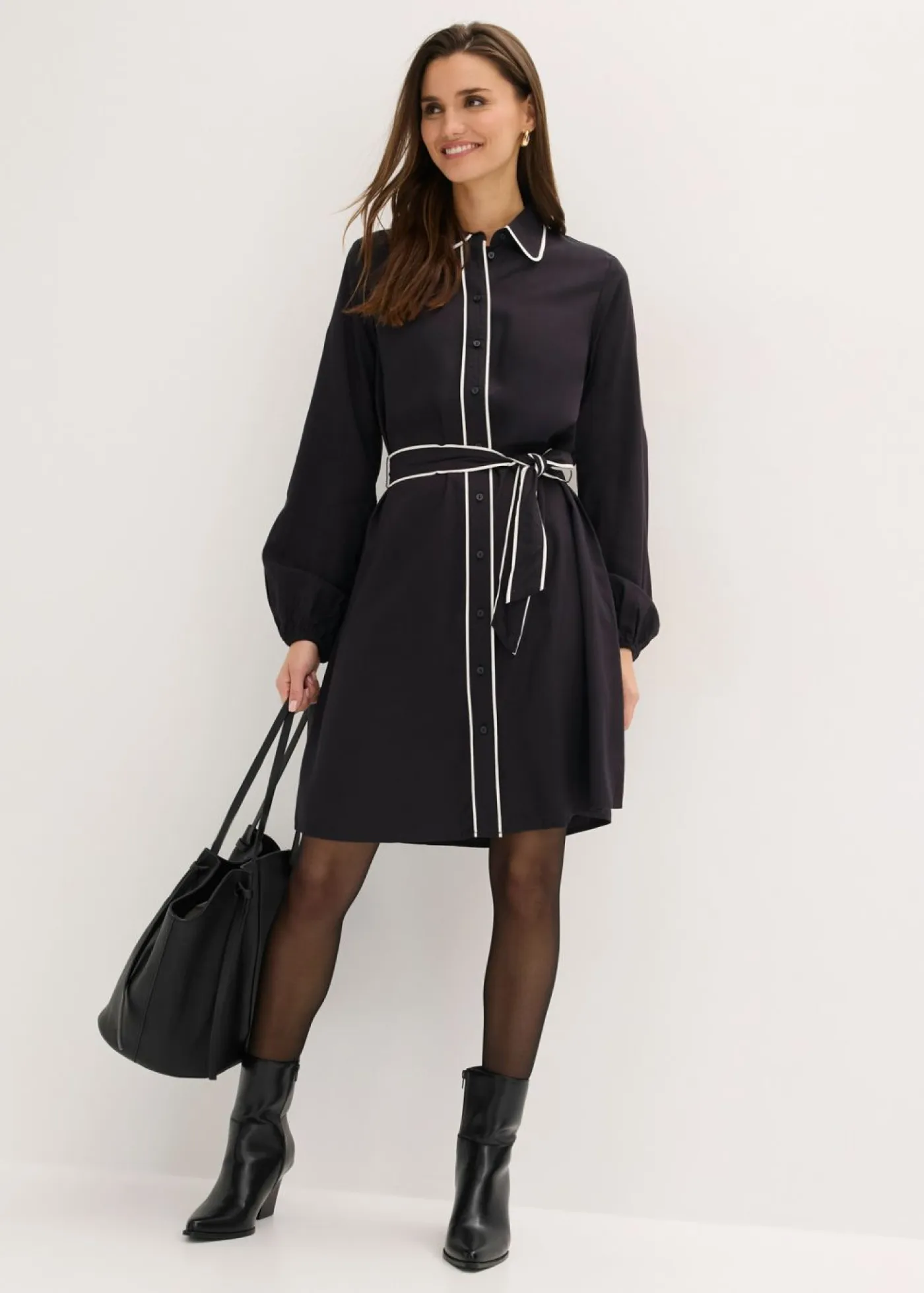 bonprix bonprix Vestidos>Vestido camisero de viscosa pura Negro-blanco lana