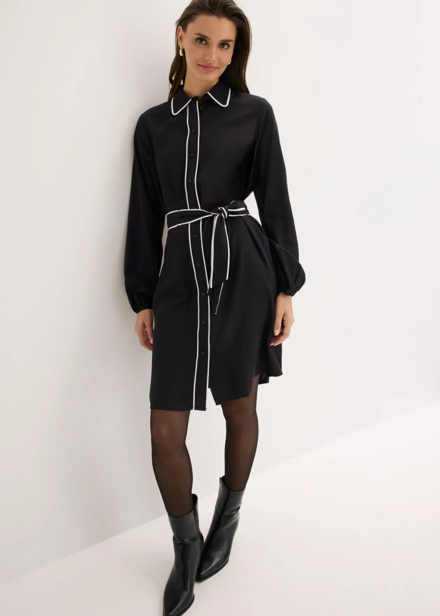 bonprix bonprix Vestidos>Vestido camisero de viscosa pura Negro-blanco lana