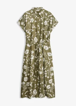 bonprix bonprix Vestidos|Novedades>Vestido camisero de viscosa pura Verde oliva-blanco de flores