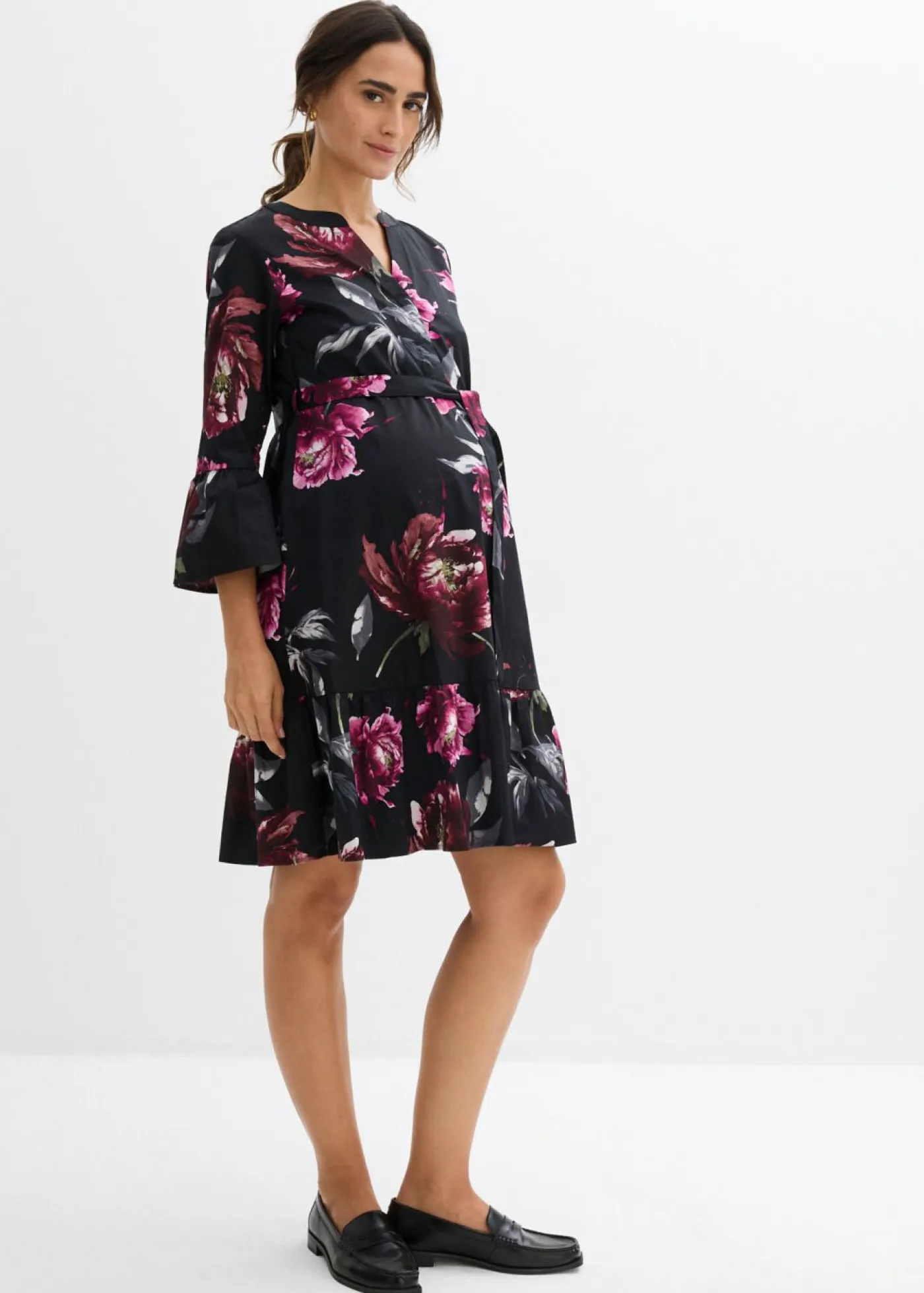 bonprix bonprix Premamá>Vestido camisero premamá/de lactancia de satén de algodón orgánico puro negro-rosa antiguo con flores