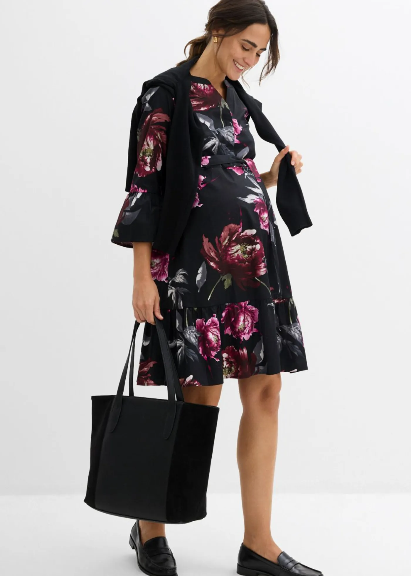 bonprix bonprix Premamá>Vestido camisero premamá/de lactancia de satén de algodón orgánico puro negro-rosa antiguo con flores