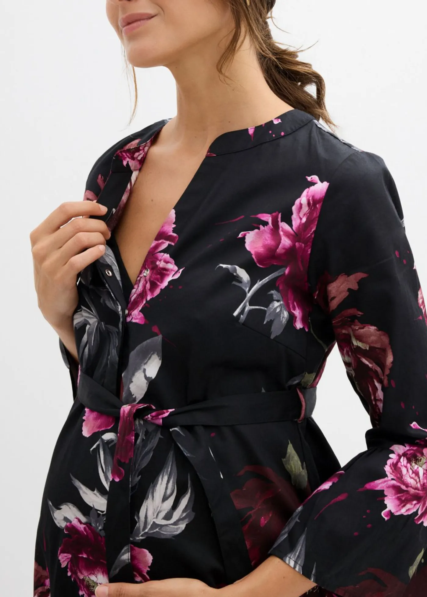 bonprix bonprix Premamá>Vestido camisero premamá/de lactancia de satén de algodón orgánico puro negro-rosa antiguo con flores