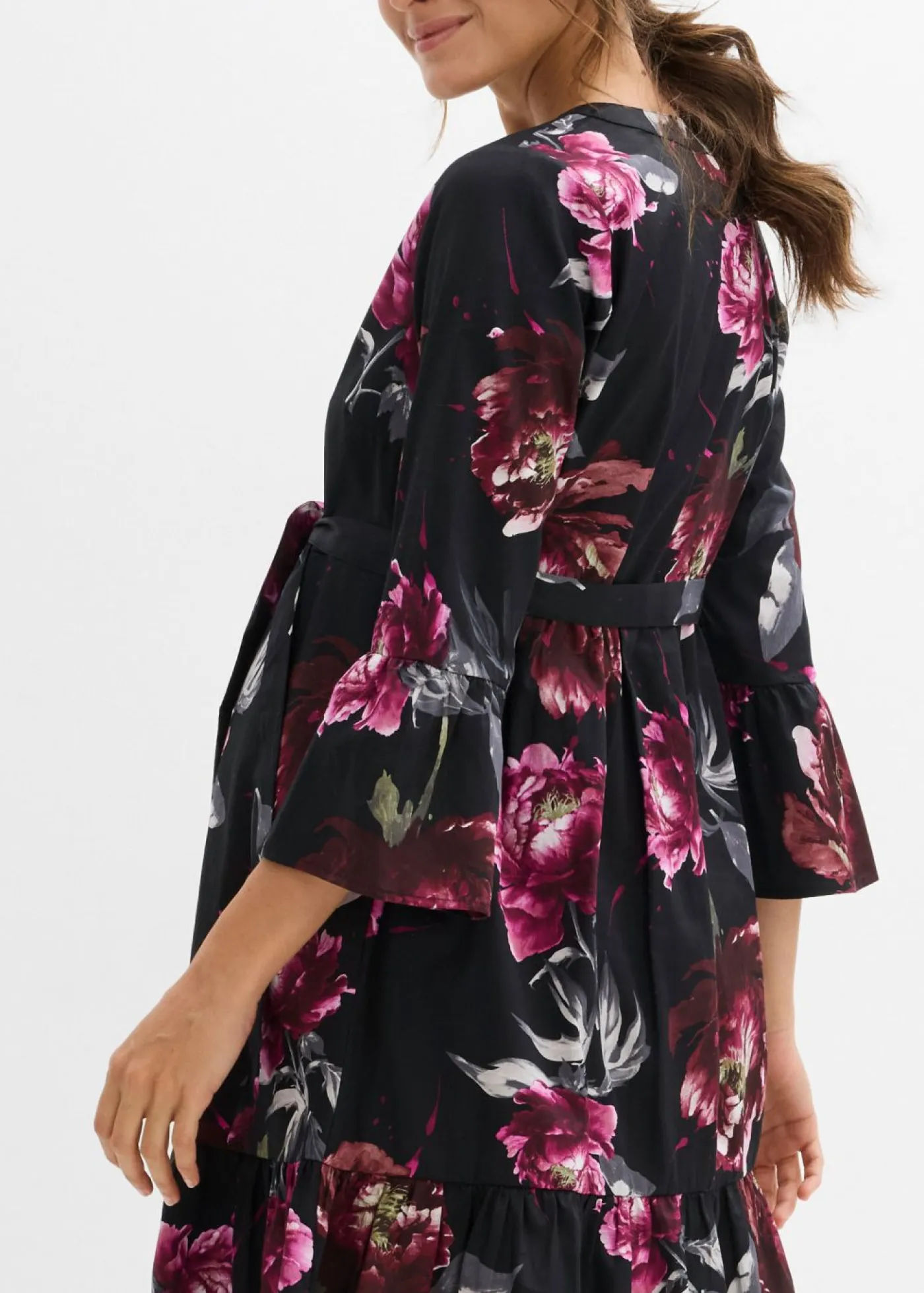 bonprix bonprix Premamá>Vestido camisero premamá/de lactancia de satén de algodón orgánico puro negro-rosa antiguo con flores