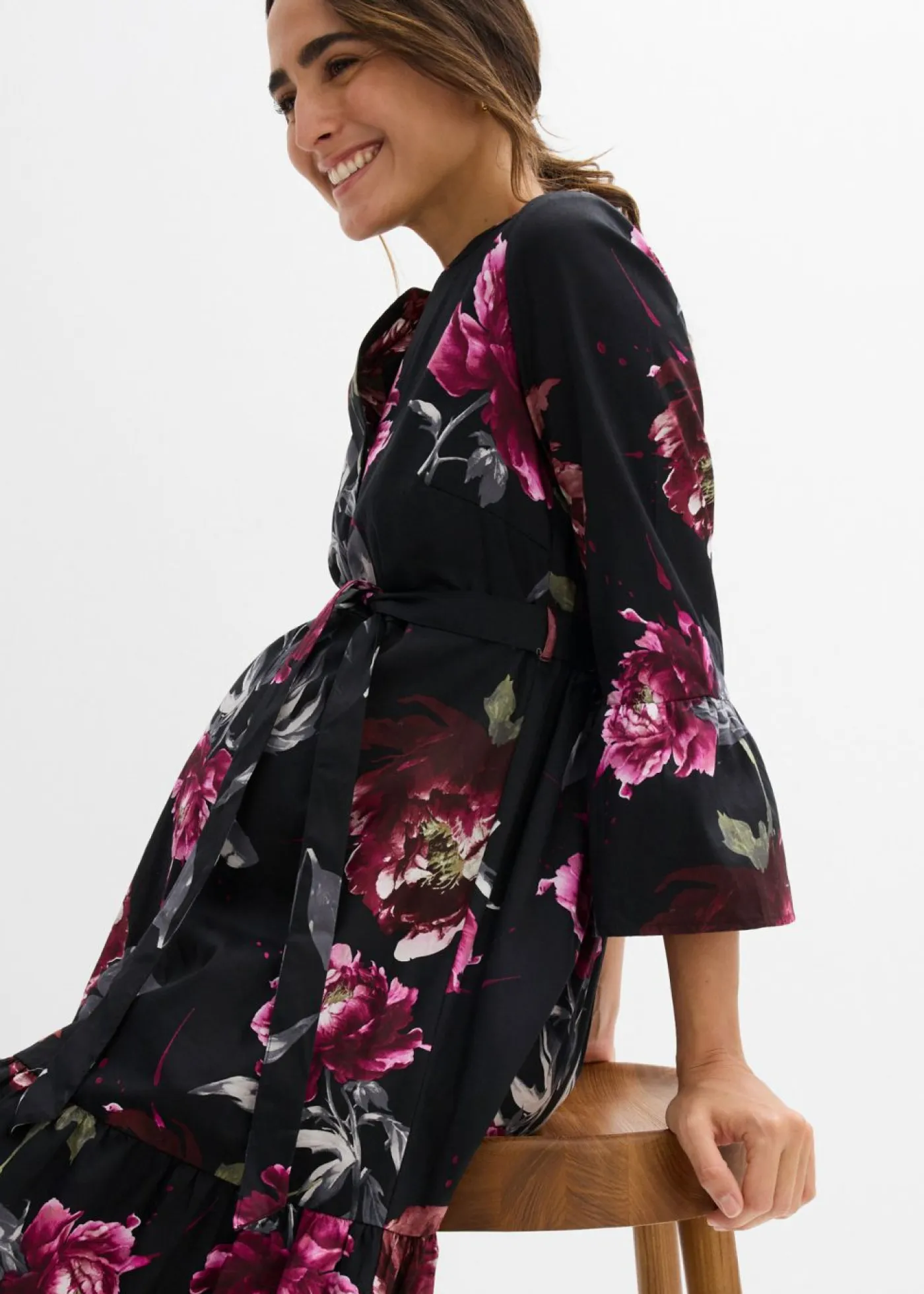 bonprix bonprix Premamá>Vestido camisero premamá/de lactancia de satén de algodón orgánico puro negro-rosa antiguo con flores