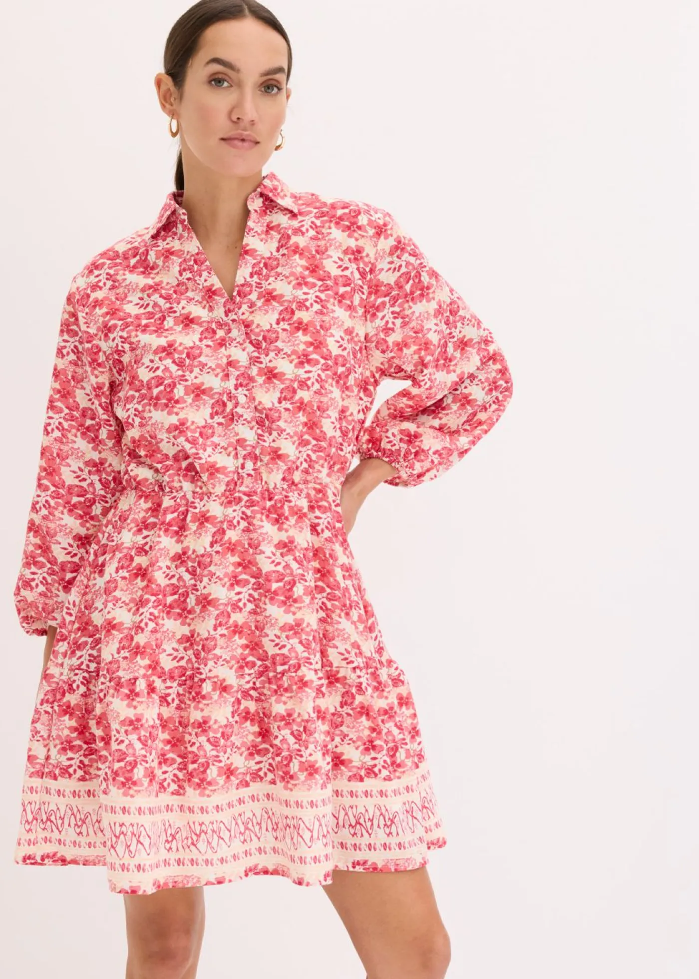 bonprix bonprix Vestidos>Vestido con aspecto de lino blanco lana-rosa caliente