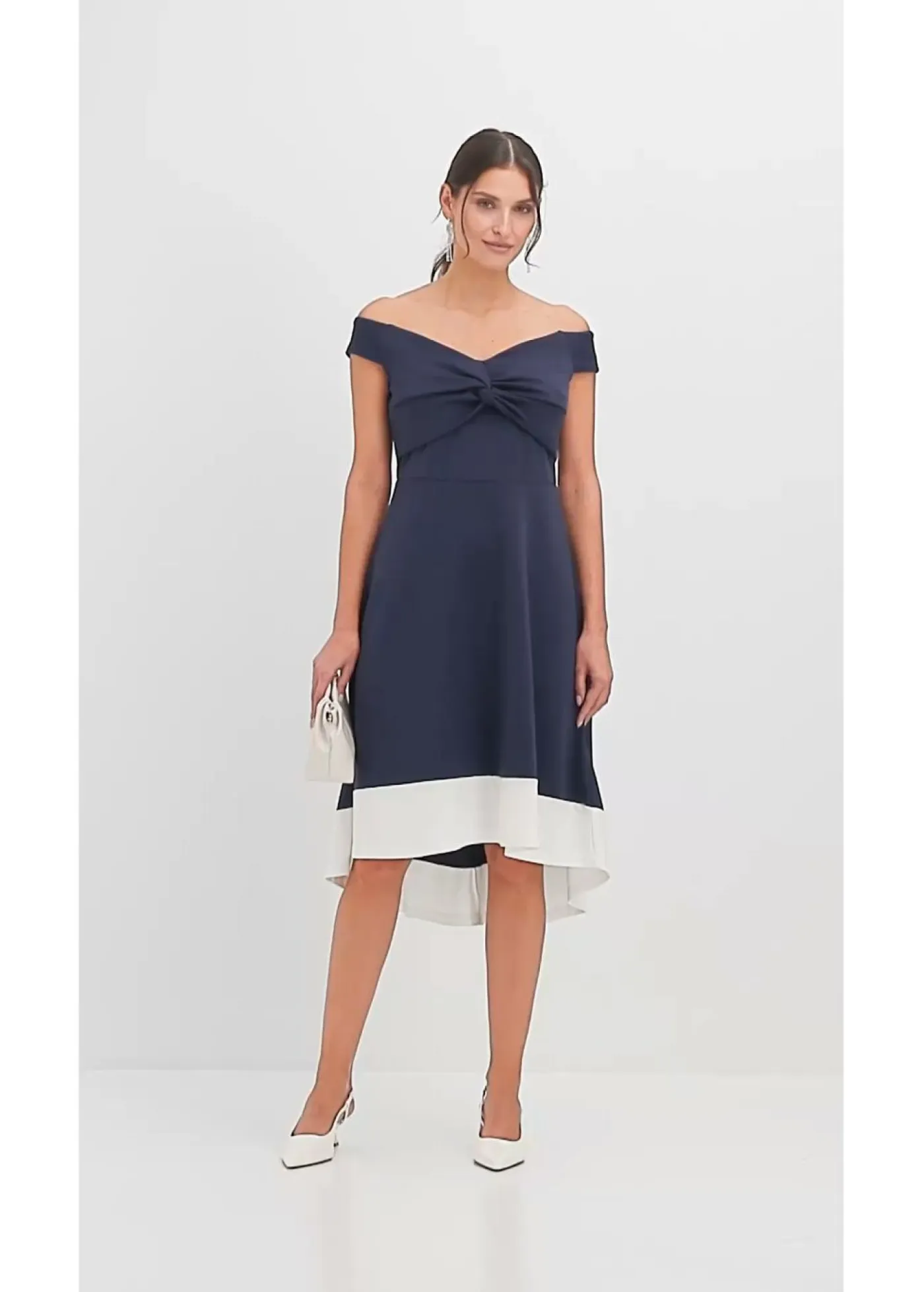 bonprix bonprix Vestidos|Ropa Elegante>Vestido con escote bañera y detalle de nudo Azul marino-blanco