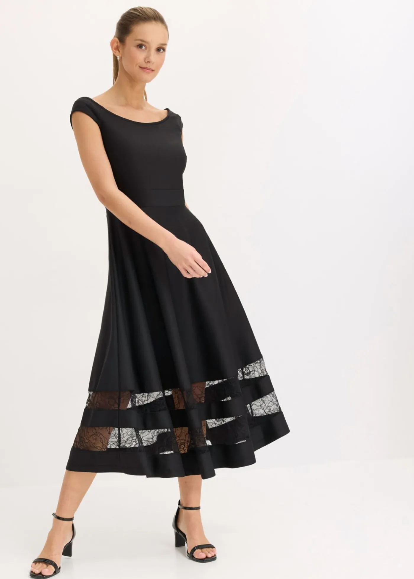 bonprix bonprix Vestidos|Ropa Elegante>Vestido con escote bañera, encaje y cinturón Negro