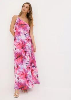 bonprix bonprix Ropa Elegante>Vestido con hombro al descubierto en crepé texturizado Blanco-rosa de flores