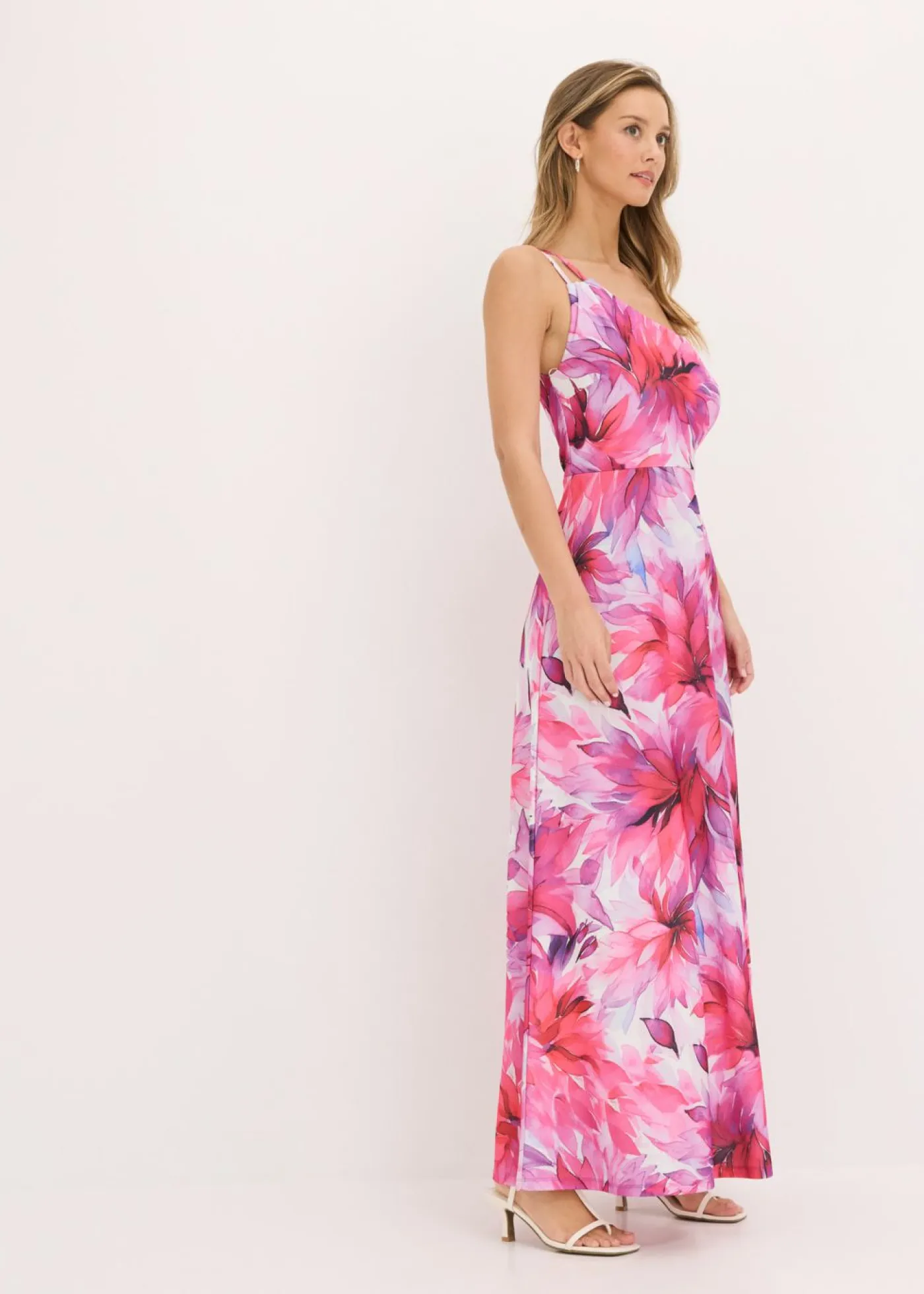 bonprix bonprix Ropa Elegante>Vestido con hombro al descubierto en crepé texturizado Blanco-rosa de flores