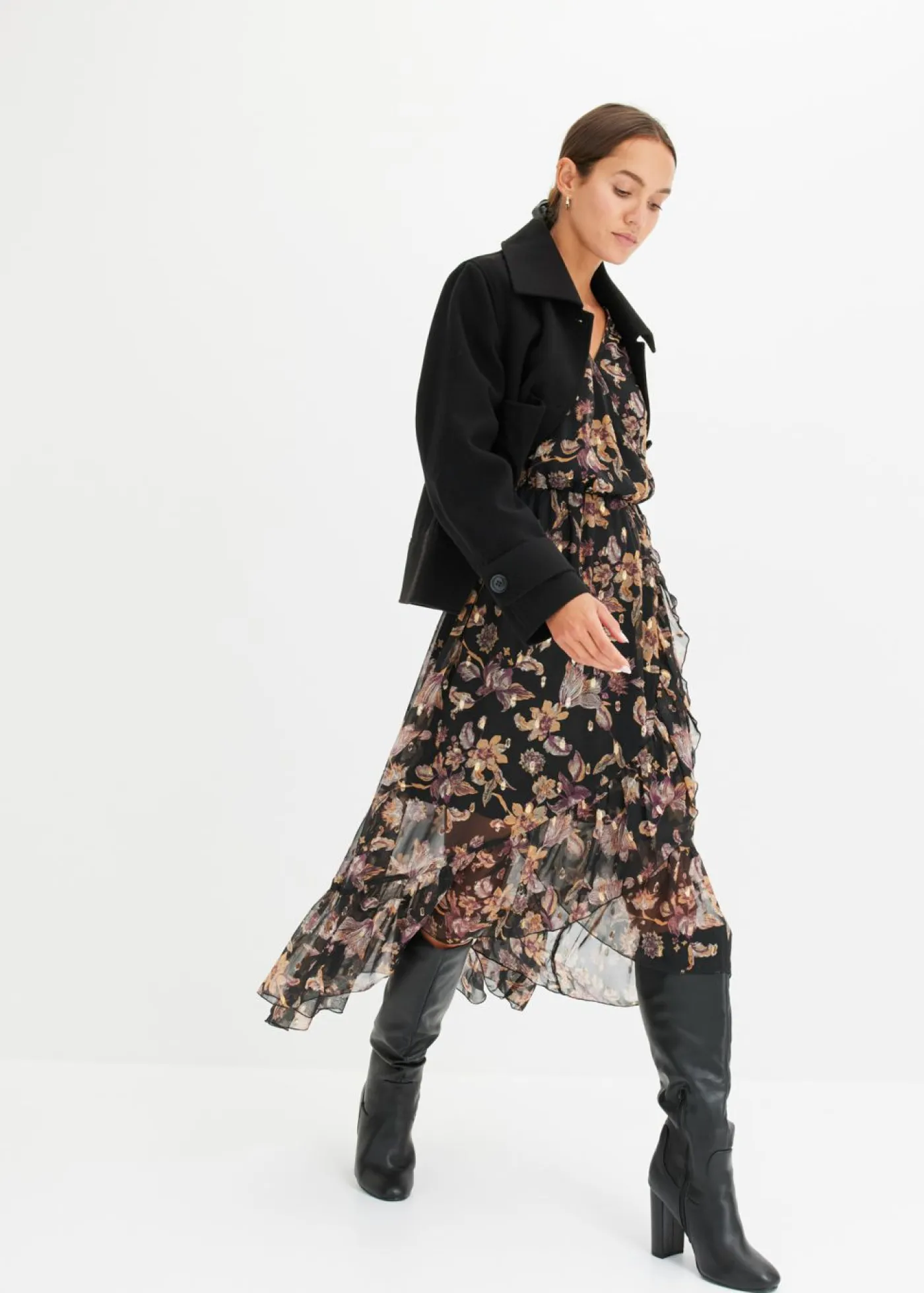 bonprix bonprix Vestidos>Vestido con largo asimétrico Negro con flores