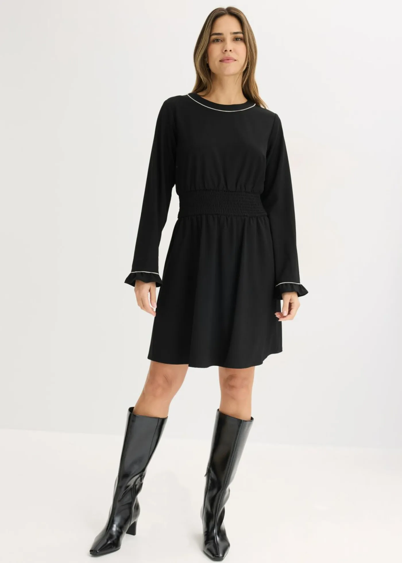 bonprix bonprix Vestidos>Vestido con volantes Negro-blanco lana