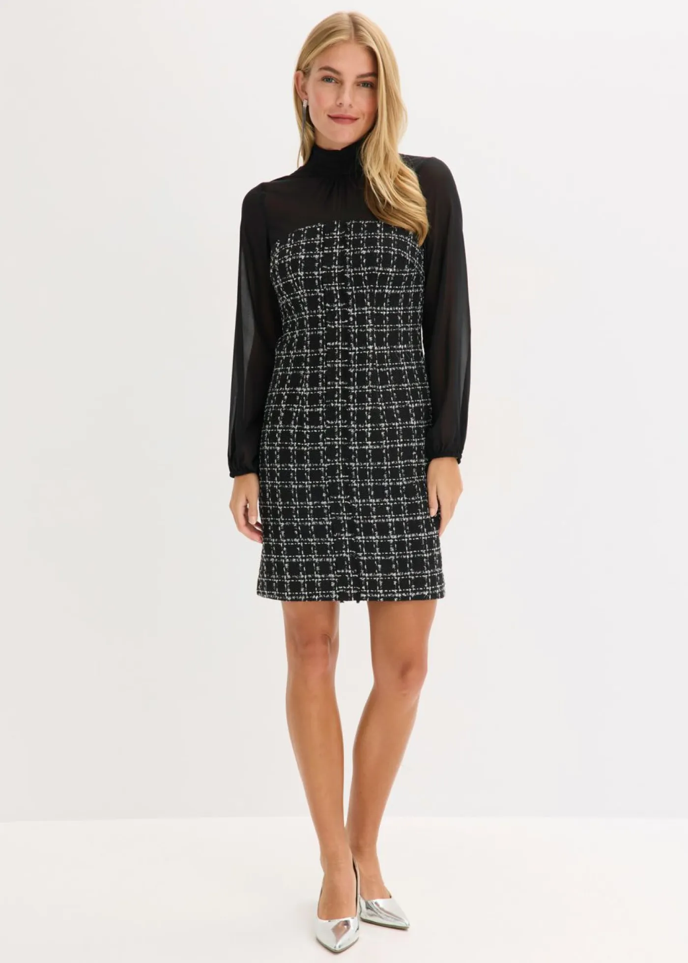 bonprix bonprix Vestidos>Vestido corto de bouclé con mangas de gasa Negro-blanco a cuadros