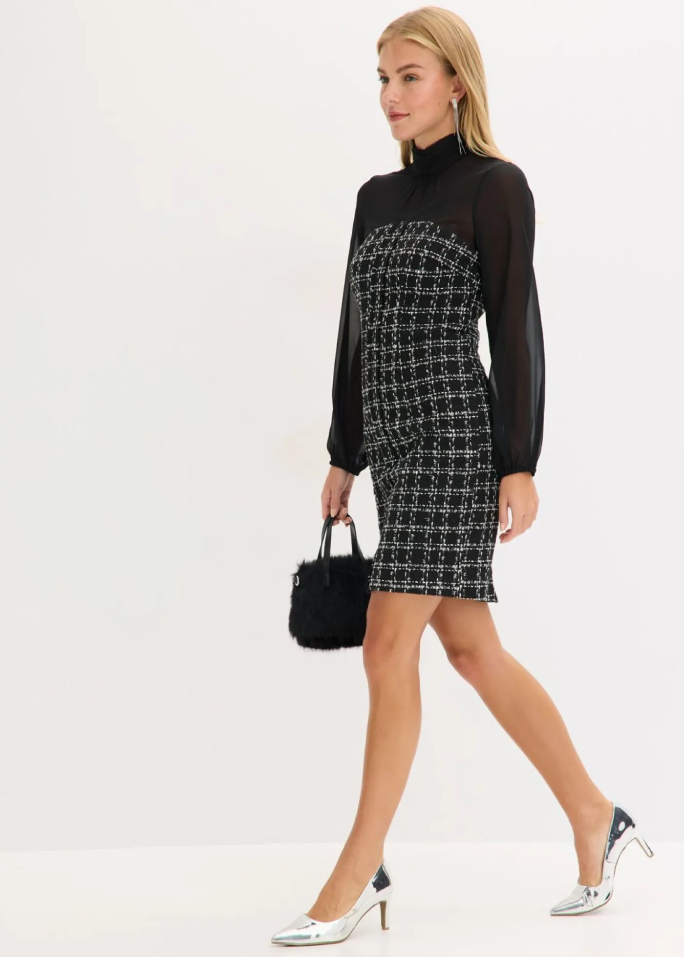 bonprix bonprix Vestidos>Vestido corto de bouclé con mangas de gasa Negro-blanco a cuadros