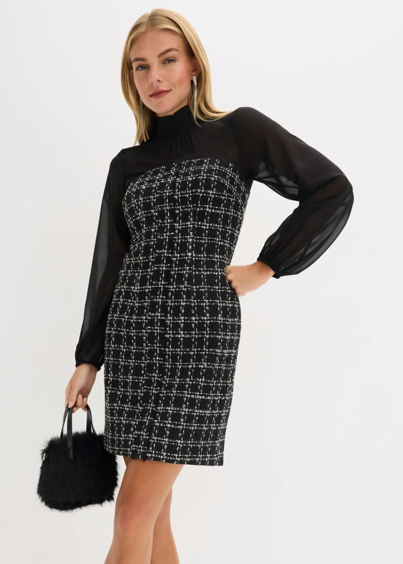 bonprix bonprix Vestidos>Vestido corto de bouclé con mangas de gasa Negro-blanco a cuadros