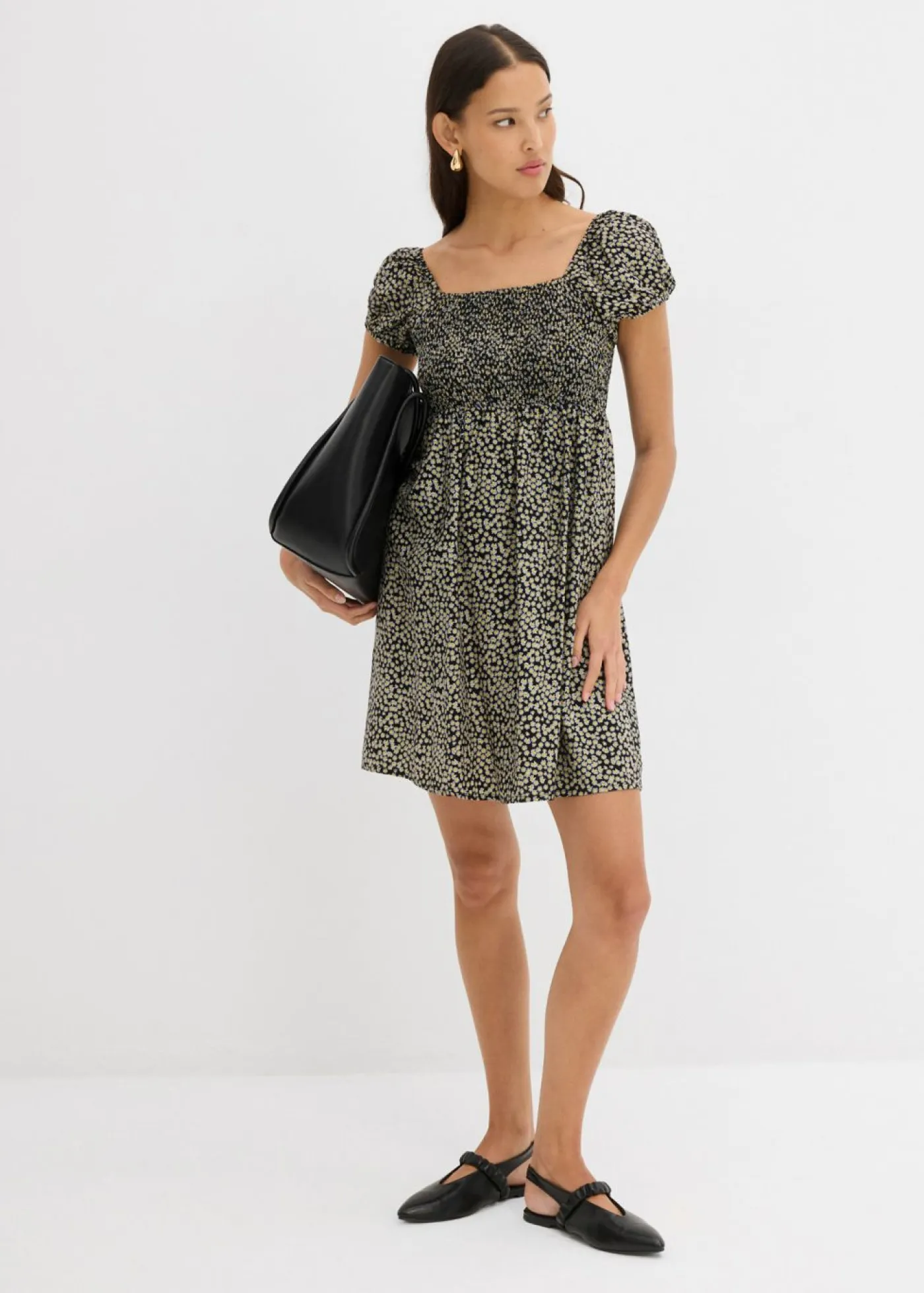 bonprix bonprix Vestidos>Vestido corto de viscosa fluida negro-blanco-amarillo narciso