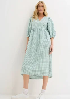 bonprix bonprix Vestidos>Vestido cruzado de material estructurado salvia ahumado-blanco lana a cuadros