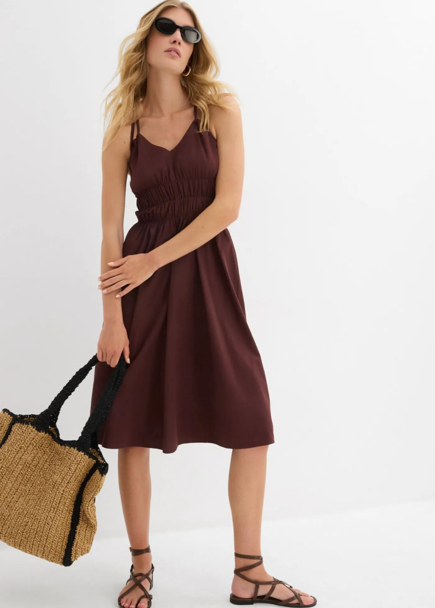 bonprix bonprix Vestidos>Vestido de algodón orgánico puro con tirantes Marrón tierra