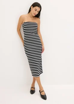bonprix bonprix Vestidos>Vestido de canalé tipo bandeau Negro-blanco con rayas