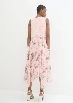 bonprix bonprix Vestidos|Novedades>Vestido de gasa con encaje fino Rosa claro-rosa de flores
