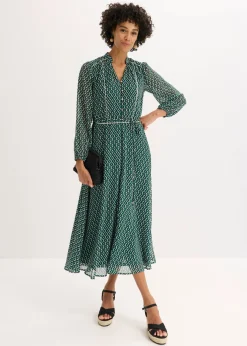 bonprix bonprix Vestidos>Vestido de gasa con ribete en contraste negro/blanco lana/verde bosque